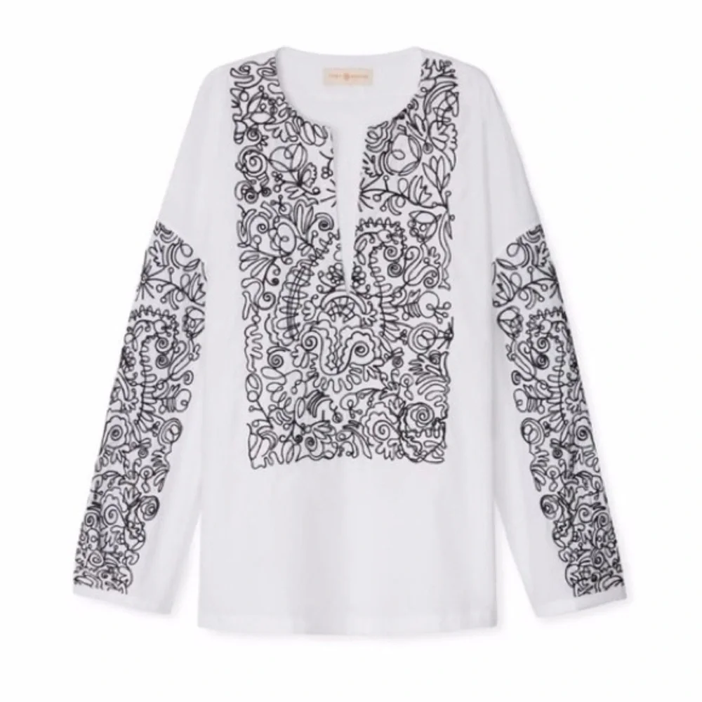 Tory Burch Embroidered White Cotton Poplin Top with Black Embroidery Size 6